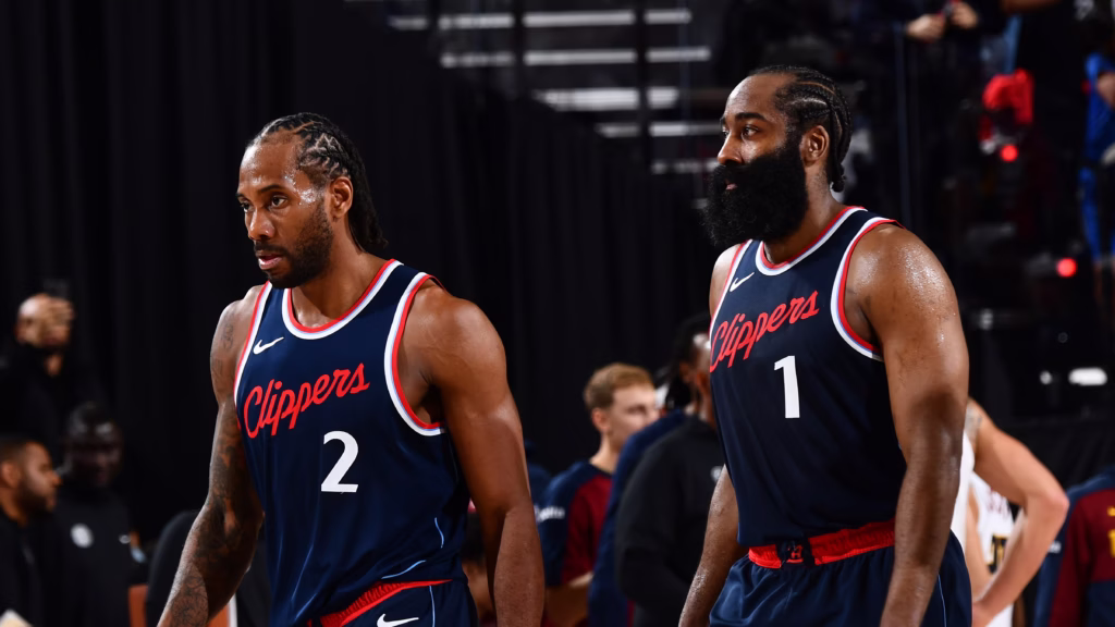 Kawhi Leonard and James Harden during a recent game.